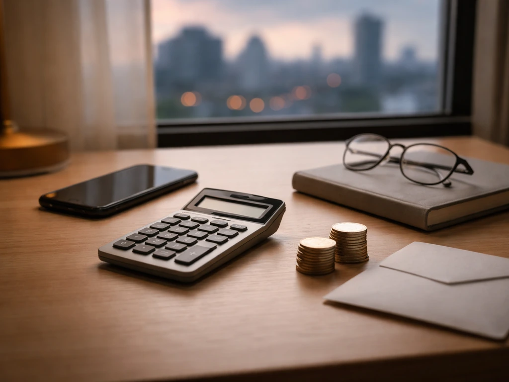Minimal desk scene with a phone, calculator, and blurred city skyline symbolizing view-to-revenue estimates