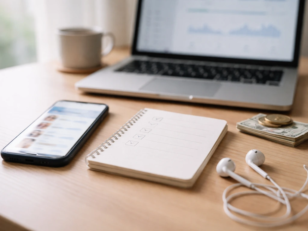 Minimal desk scene with smartphone and notebook showing cross-checking, symbolizing verifying up-to-date online numbers.