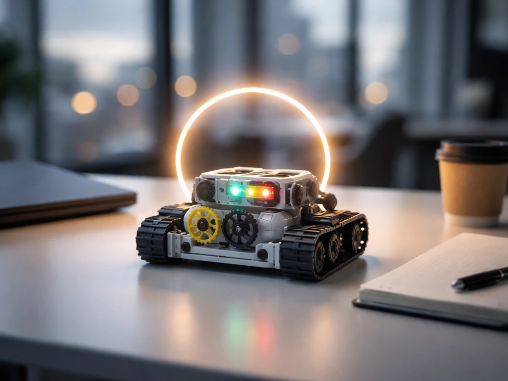 Cinematic photo of a robotics learning device on a desk with a subtle glow symbolizing company valuation.