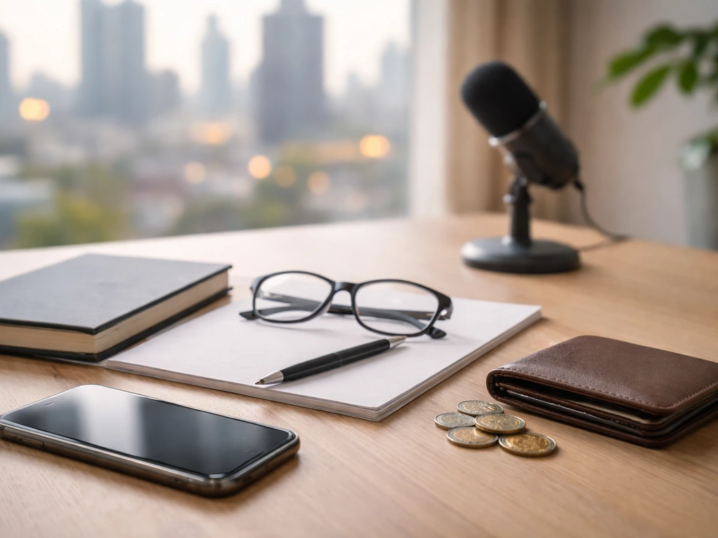 Minimal desk with coins and wallet beside a smartphone and microphone, suggesting business and media analysis.