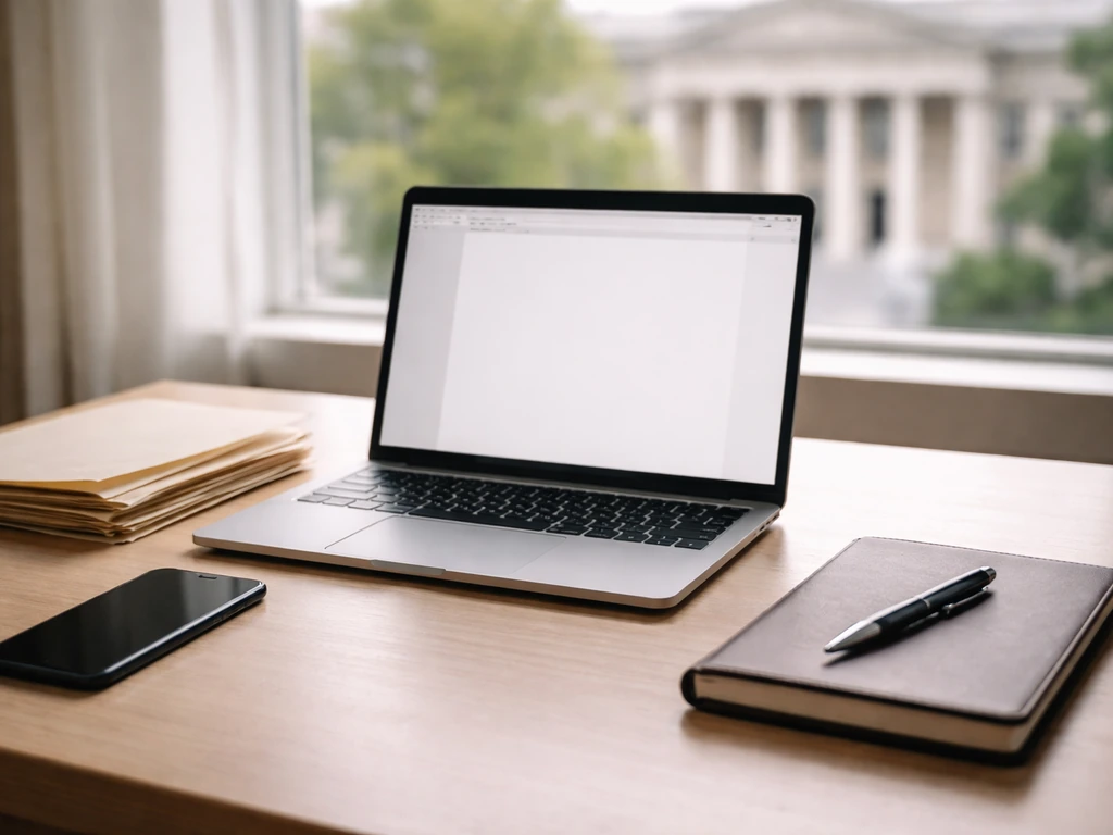 Desk with laptop, papers, pen, and blurred courthouse view—symbolic private-company valuation research.