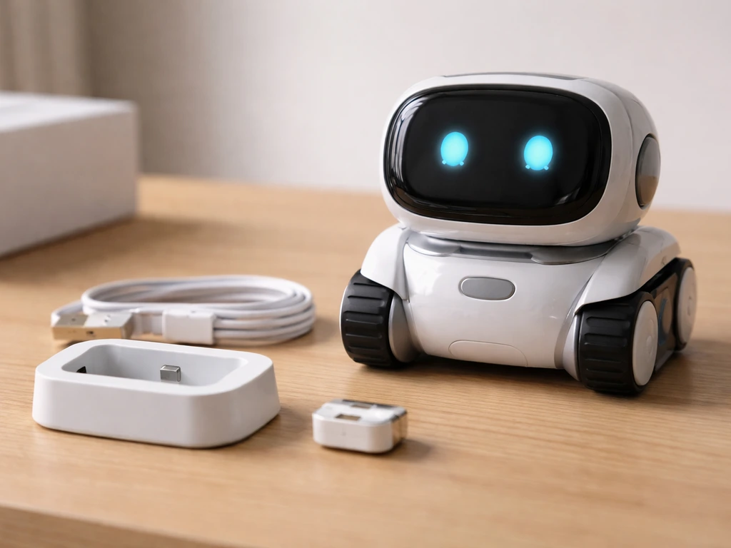 Close-up of a smart robot toy and accessories laid out on a light-wood table in natural light.