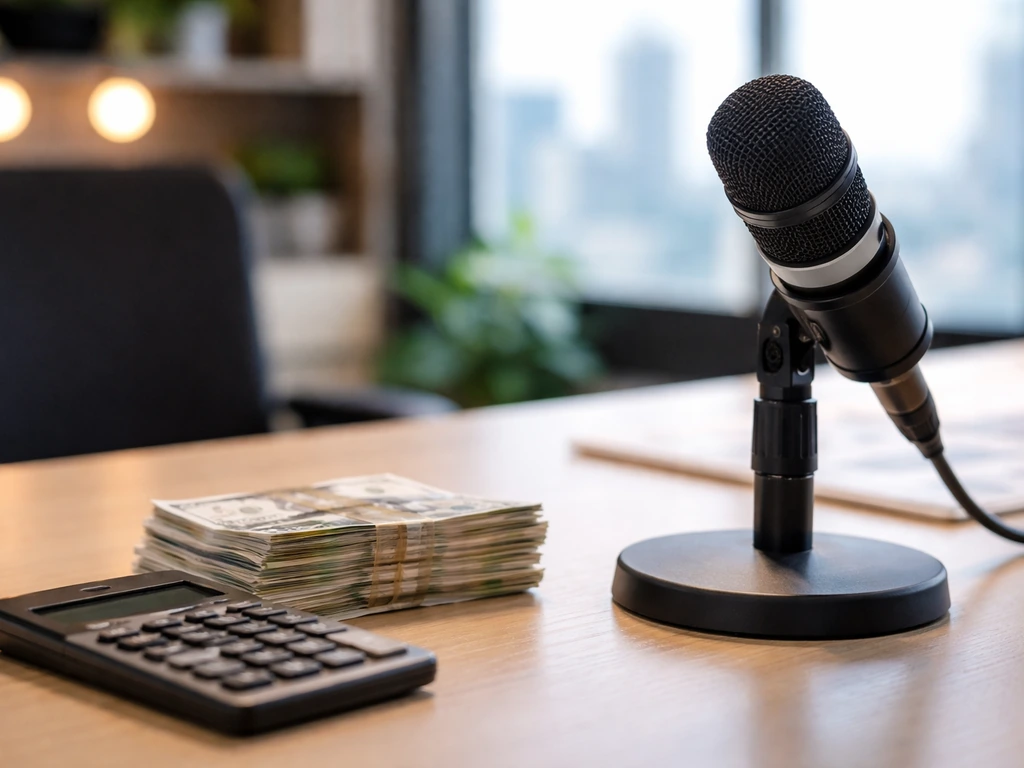 Money and media-themed desk scene with a microphone and a calculator, symbolic of a TV quiz host’s net worth.