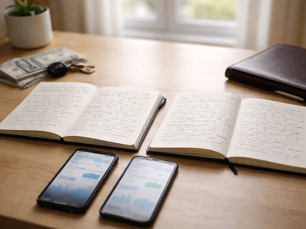 Minimal desk with two open notebooks and blurred finance screens, suggesting different net worth sources.