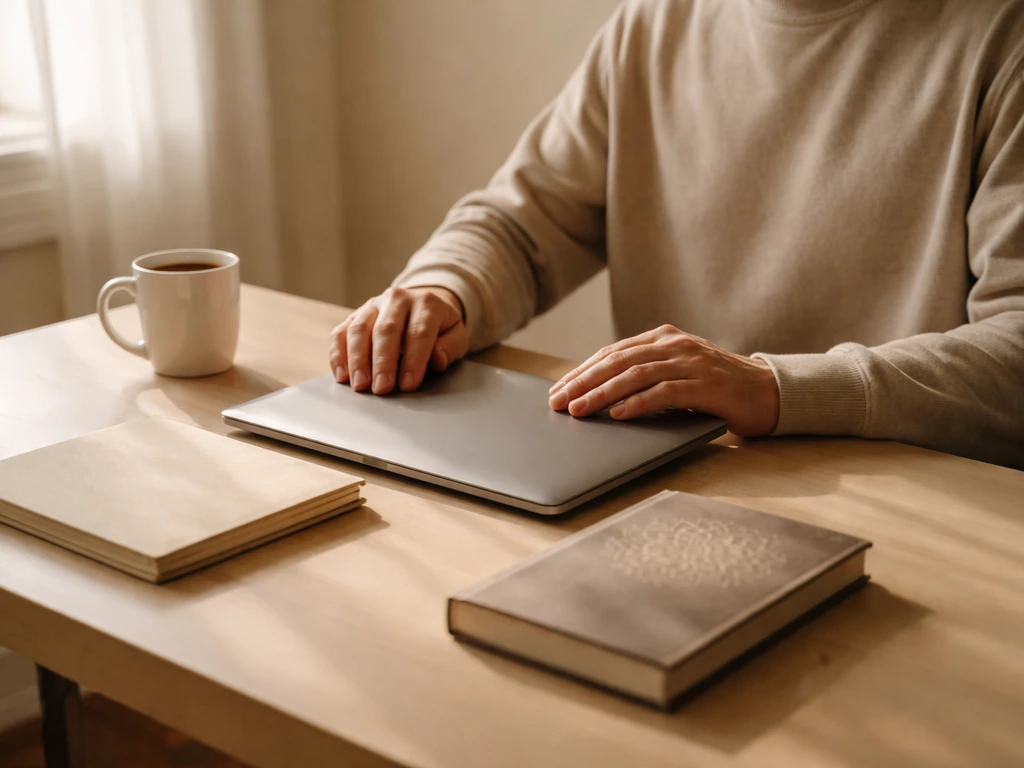 Minimal photo of an anonymous person reviewing a closed laptop with a plain spiritual course theme in a quiet room