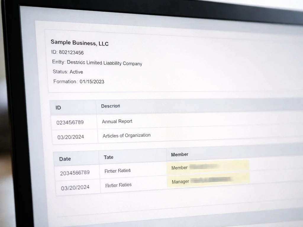 Minimal desktop photo of a mock Michigan LARA registry results page with highlighted filing rows.
