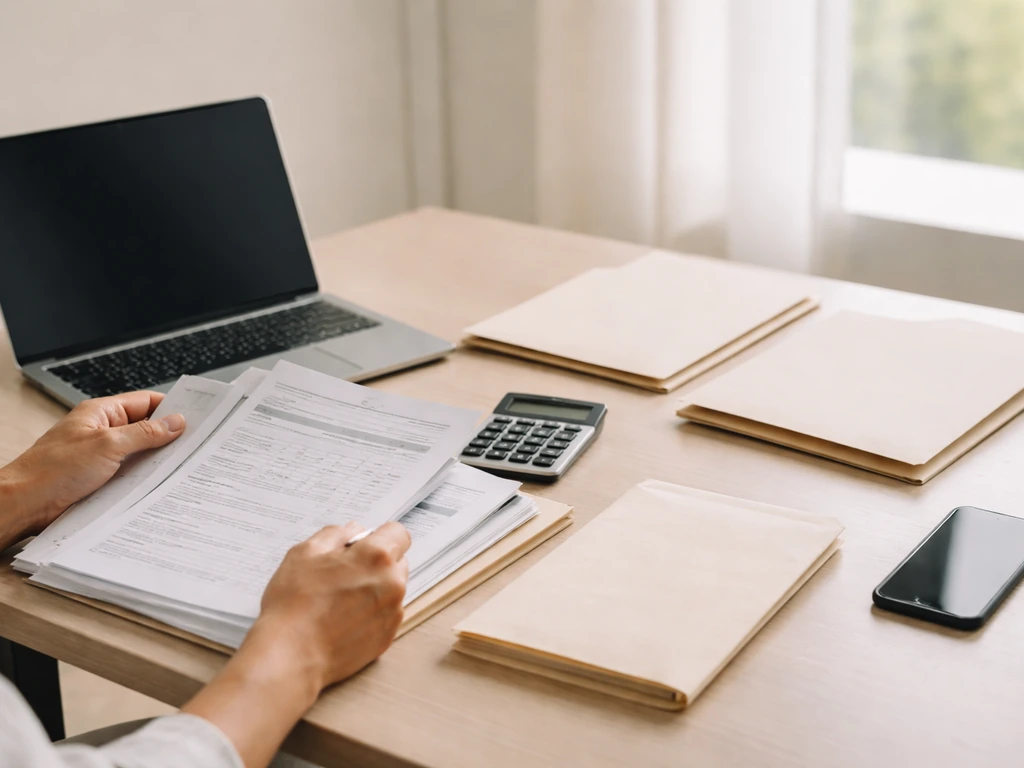 Minimal desk scene with a laptop, calculator, and neatly stacked documents symbolizing founder net worth estimation.