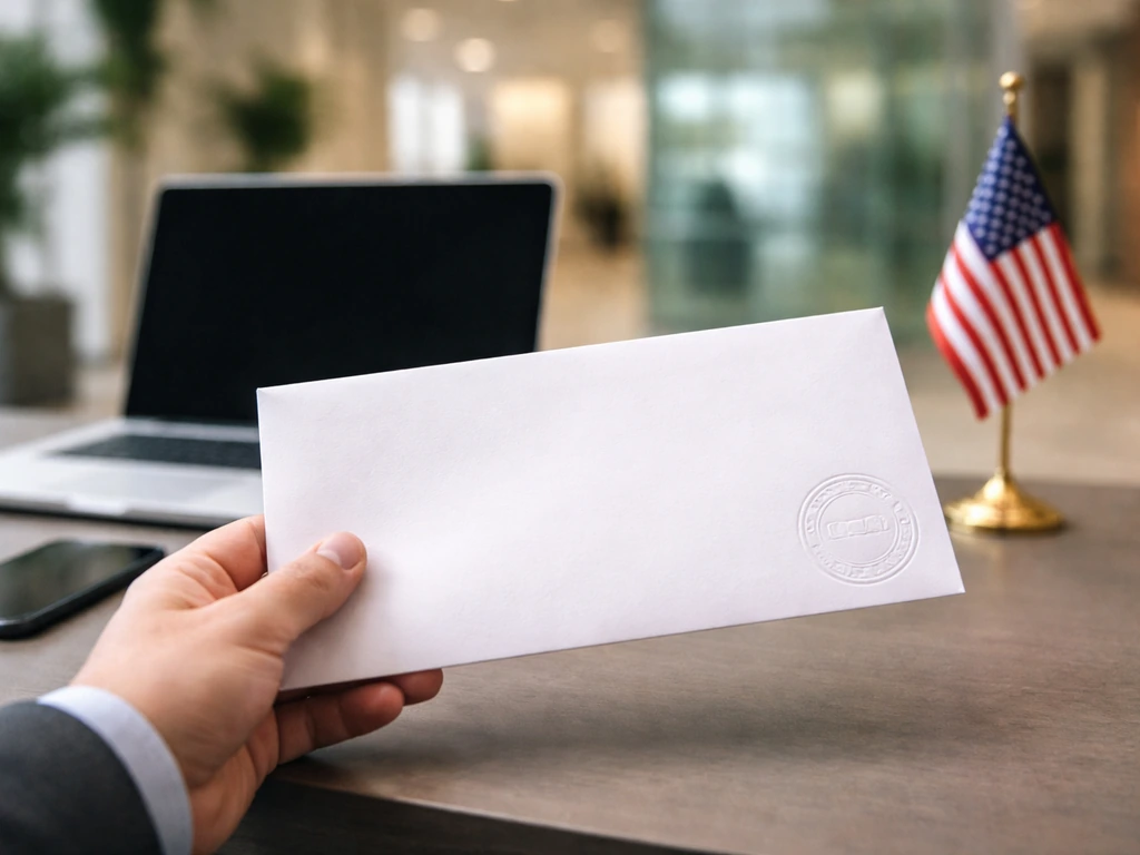 Hand reviewing a document in a minimal modern office lobby with an American business vibe