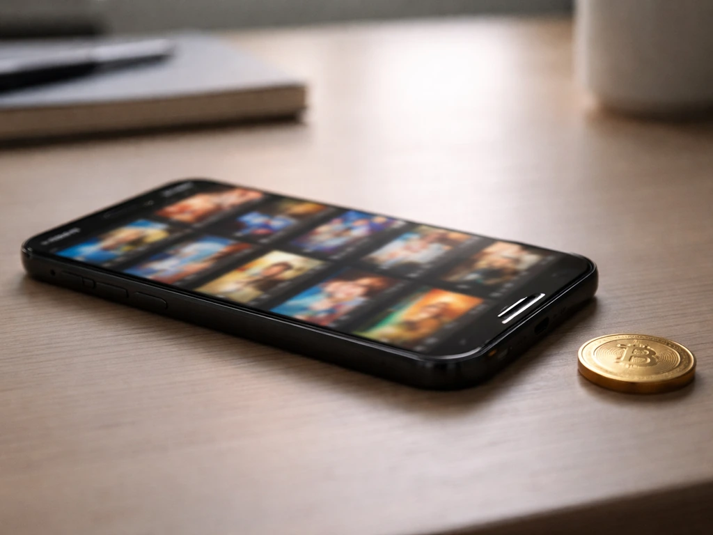 Smartphone on a desk displaying a blurred mosaic of YouTube-style thumbnails implying huge views.