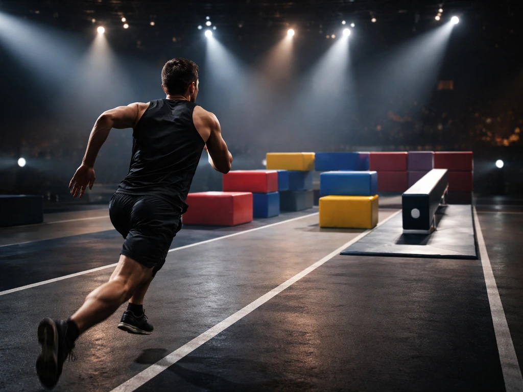 Athletic obstacle course with colorful barriers under studio lights, suggesting a high-stakes TV competition vibe.
