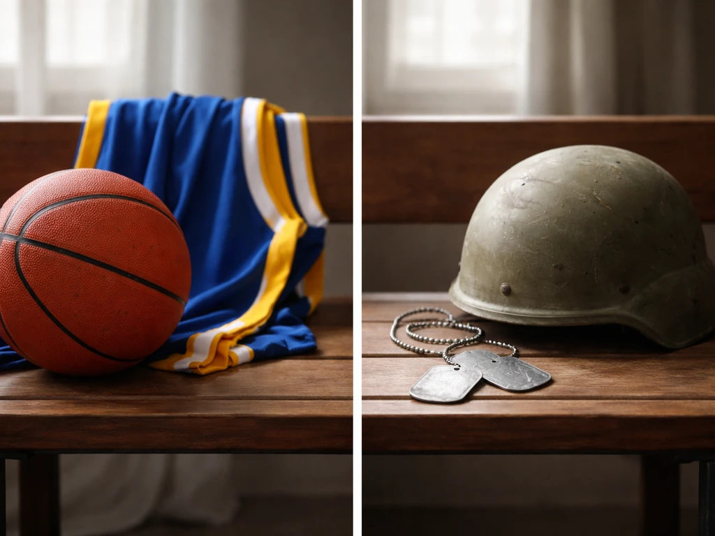 Blue-and-gold basketball items beside a plain military helmet and dog tags, contrasting sports and “warrior” meanings.