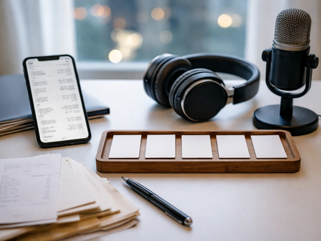Close-up desk scene with studio mic, smartphone, and unlabeled cards suggesting revenue streams, no readable text.