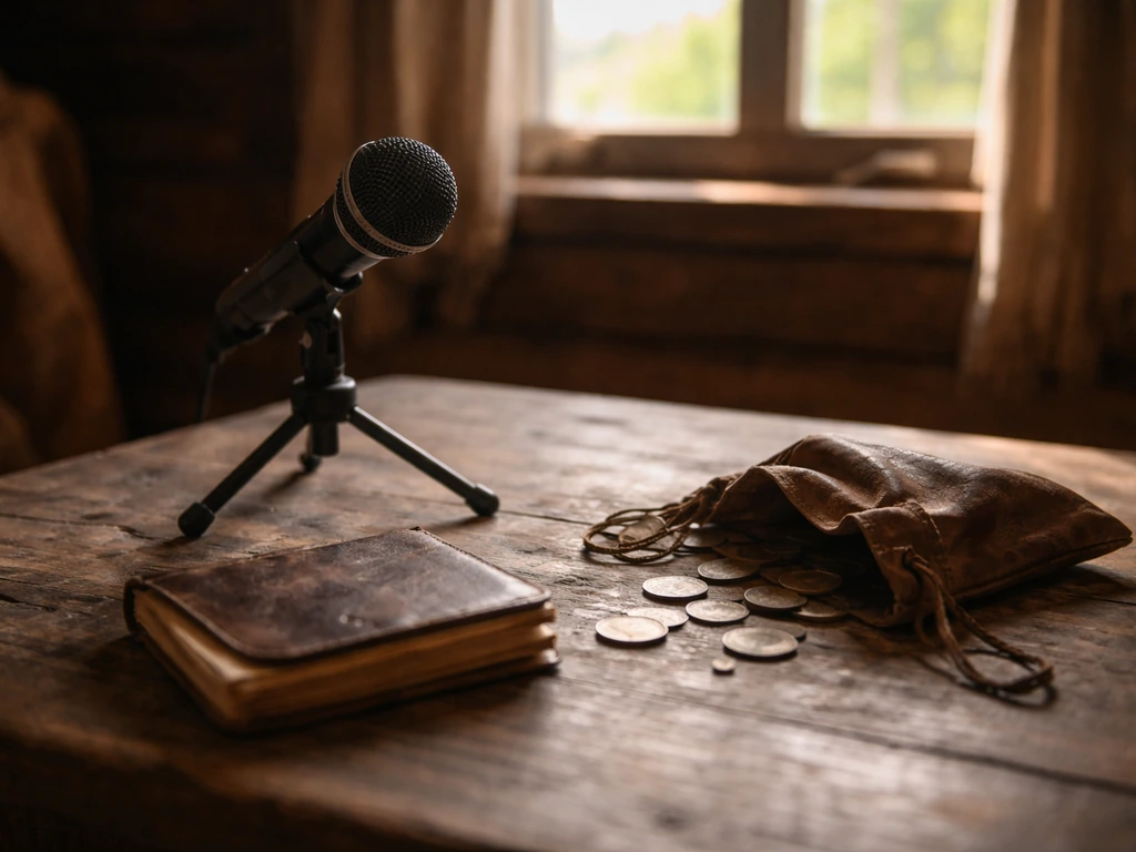 Minimal survival-themed desk scene with a worn journal, coins, and a microphone hinting at survival media and finances.