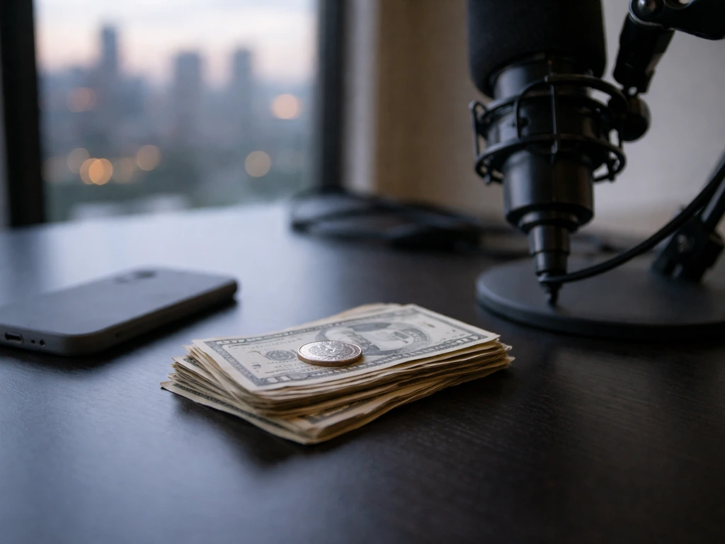 Money and a microphone on a studio desk, symbolizing an online net worth estimate source.