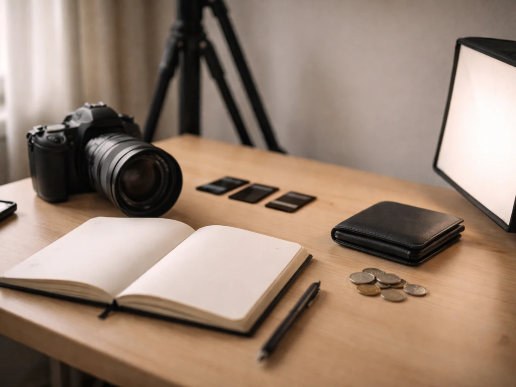Minimal photo of a desk with camera gear and a notebook, symbolizing assets vs liabilities affecting net worth.
