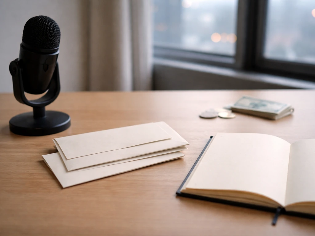 Minimal desk scene with microphone and envelopes arranged to suggest a net-worth range concept.