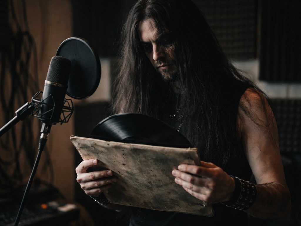 Death metal vocalist holding an old vinyl record in a dim studio, representing music catalog royalties.