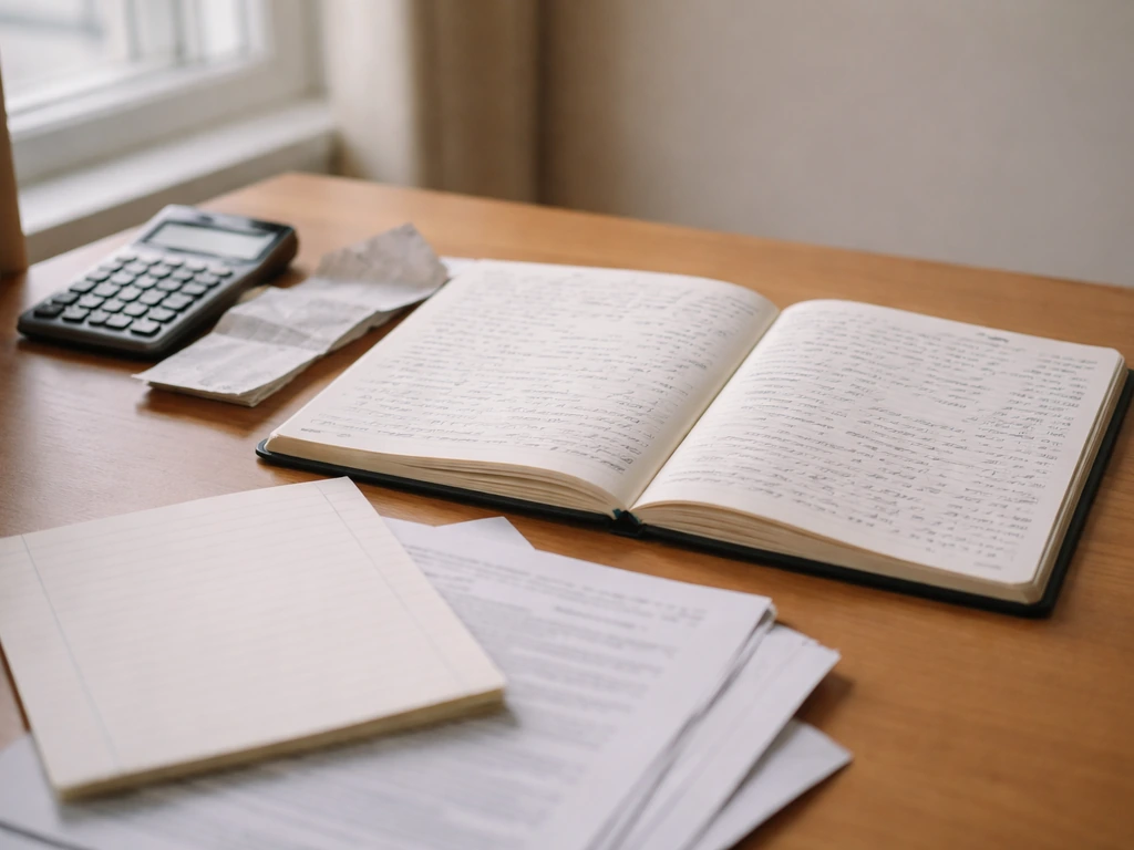 Two open notebooks with calculator and blurred papers on a desk, suggesting differing net-worth methods.