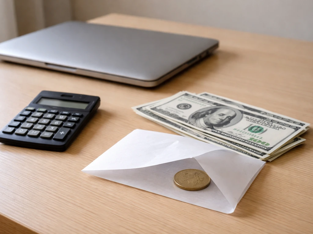 Minimal office desk with scattered cash and a calculator, suggesting uncertainty around a net-worth estimate
