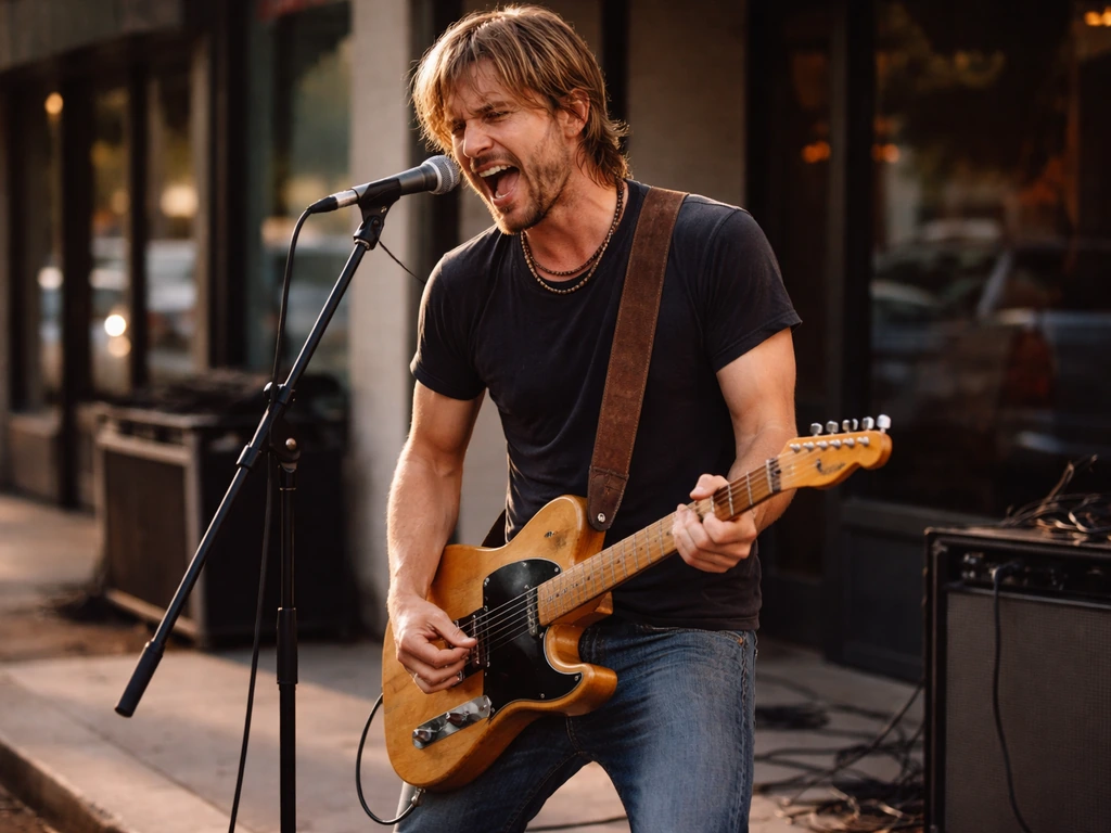 Cowboy Mouth guitarist performing with microphone in a quiet outdoor promo setting, 1990s vibe