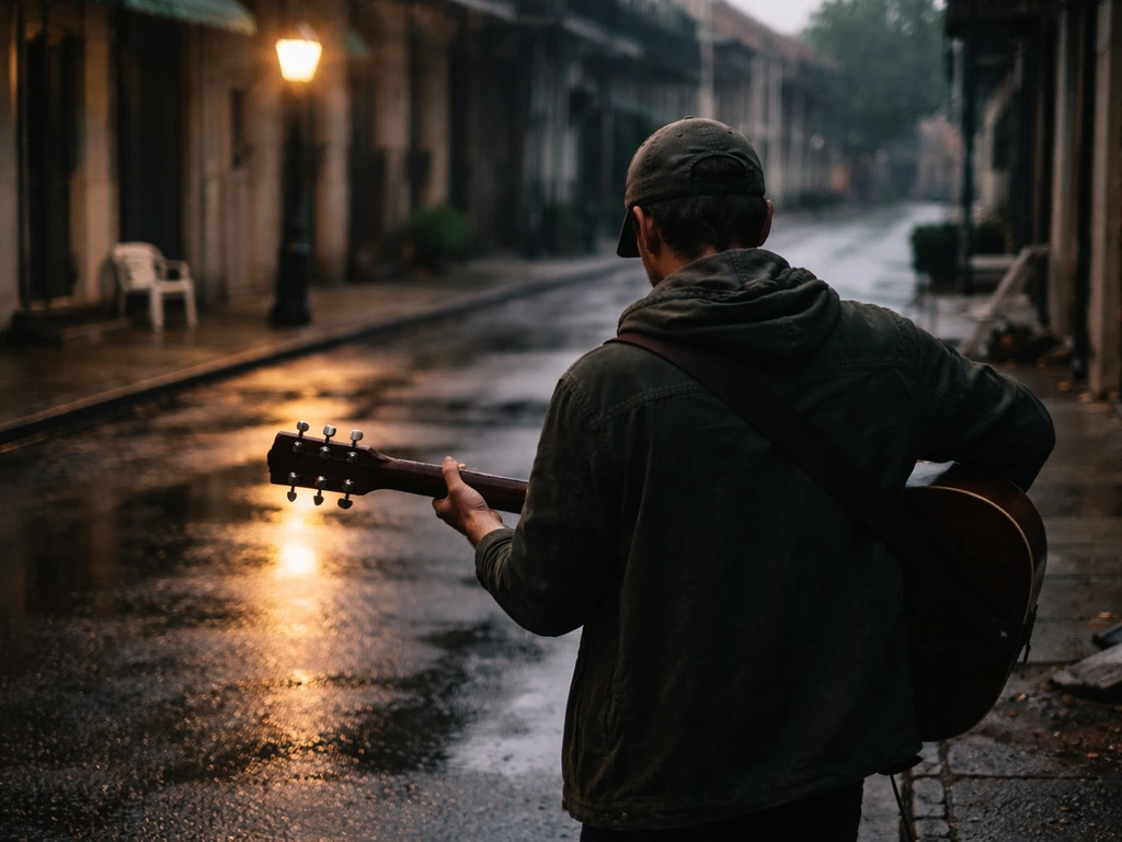 Musician performing with an acoustic guitar on a quiet New Orleans street after a storm
