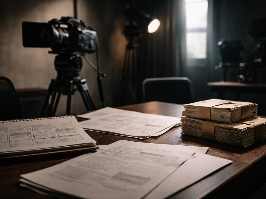 Film camera on a studio desk with prop cash bundles, cinematic lighting, no people.