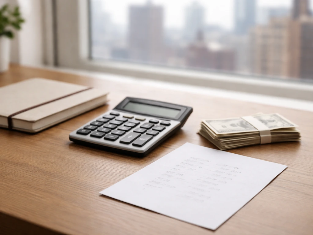 Minimal office desk scene with calculator and blurred paper suggesting net-worth calculation.