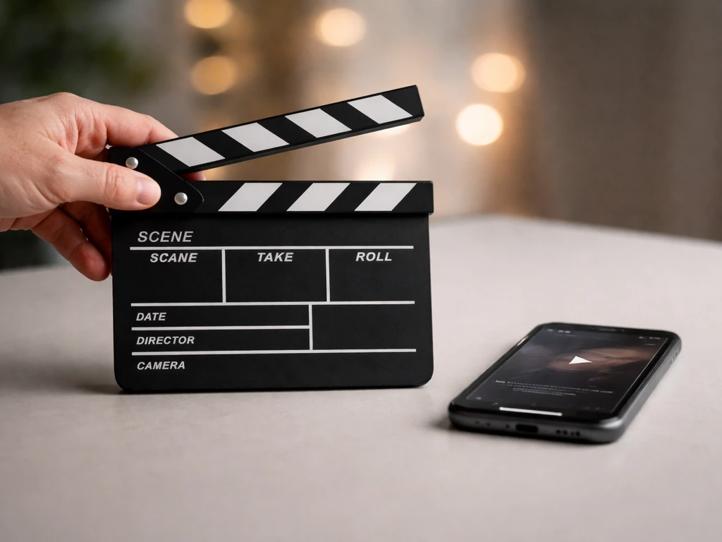 Minimal studio desk scene with clapperboard and phone suggesting streaming and major production output