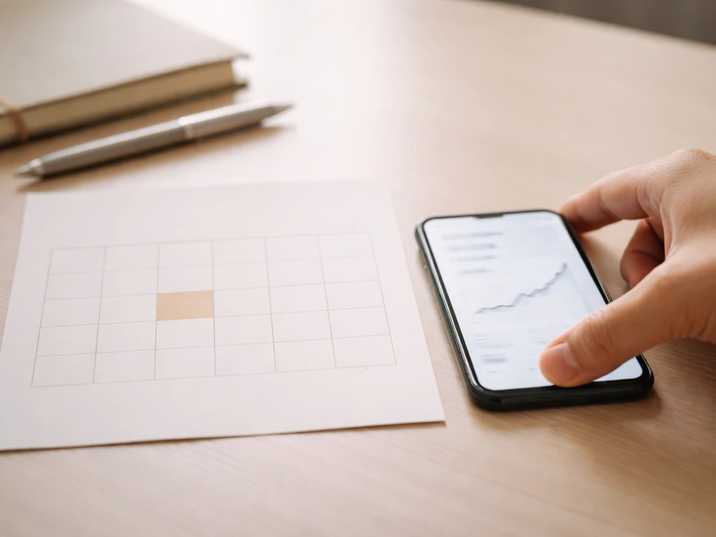 Minimal desk scene with a small smartphone showing blurred finance figures and a calendar for quarterly tracking.