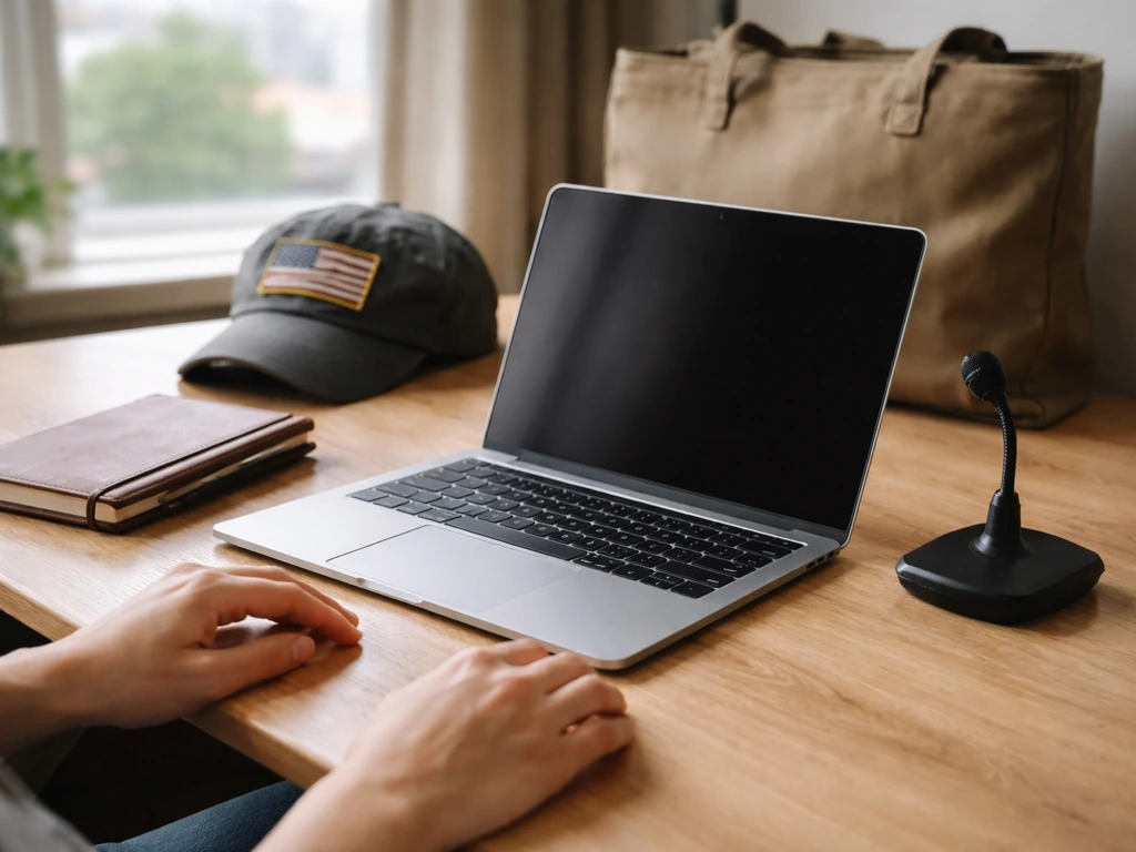 Minimal photo of a TORCH Warriorwear–themed office workspace with laptop, notebook, and a subtle military patch backdrop