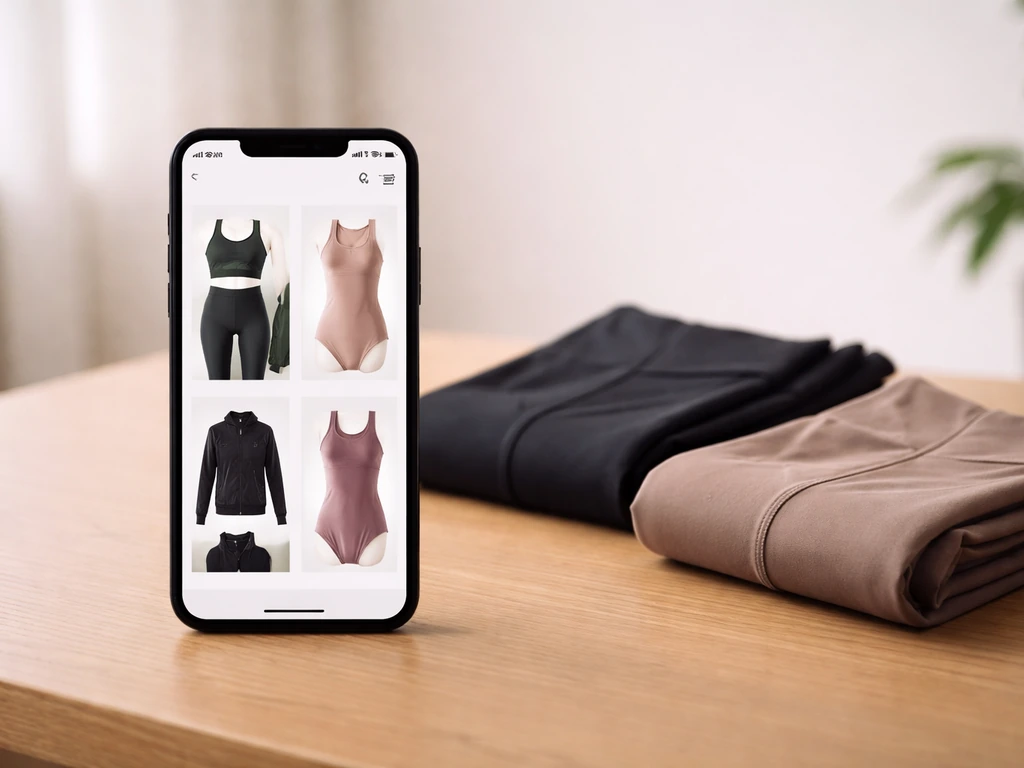 Close-up of a smartphone showing an anonymous e-commerce apparel checkout screen in a bright studio