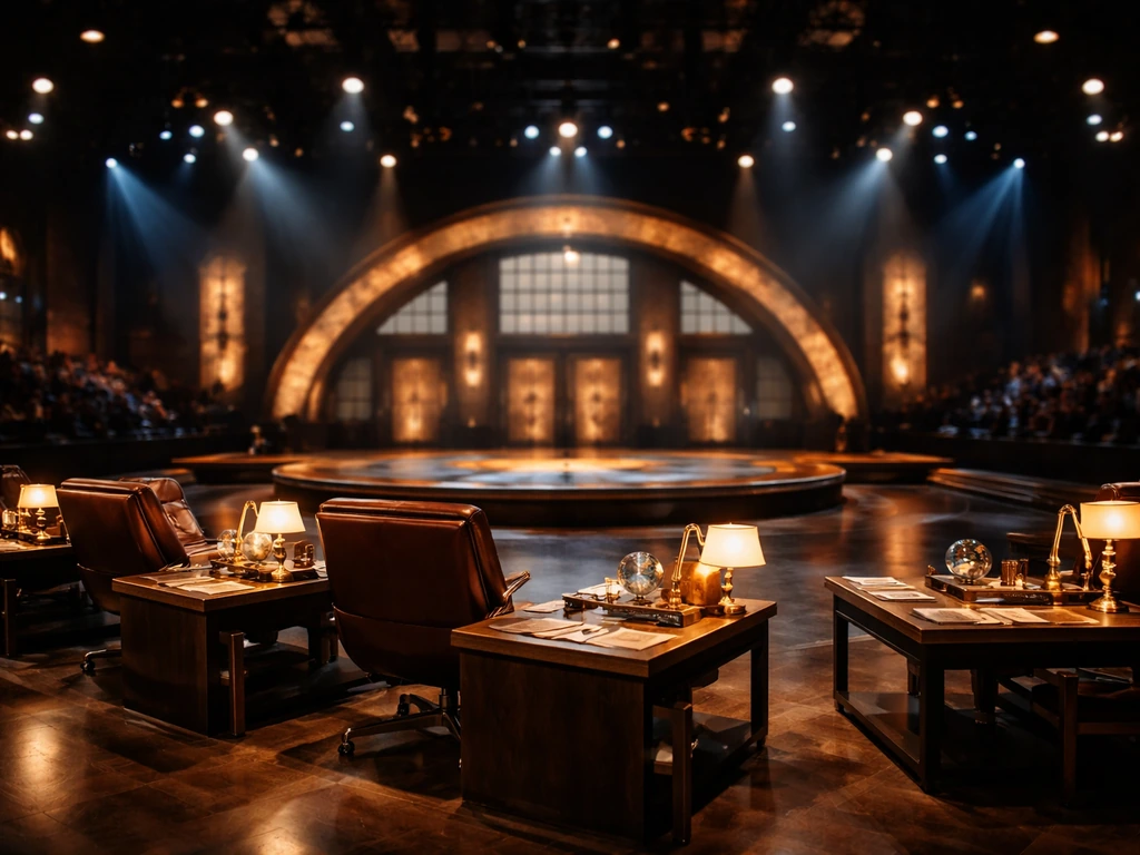 Cinematic view of a Dragons’ Den–style stage with glowing desk lights and “DRAGONS’ DEN” branding, no people.