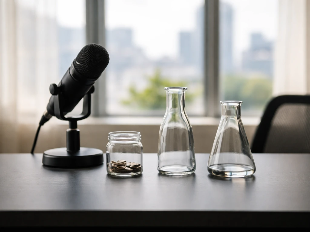 Minimal business studio desk with microphone and three glass vessels symbolizing three interpretations of value.