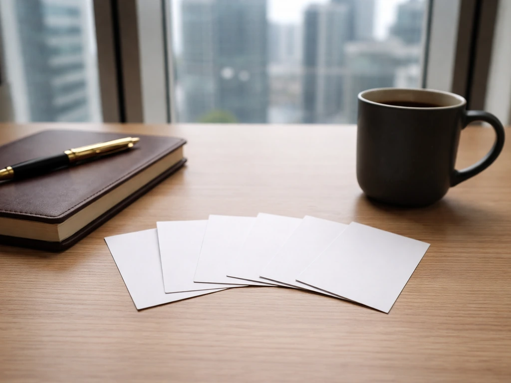 Minimal business desk scene with five small blank cards representing the original Dragons panel