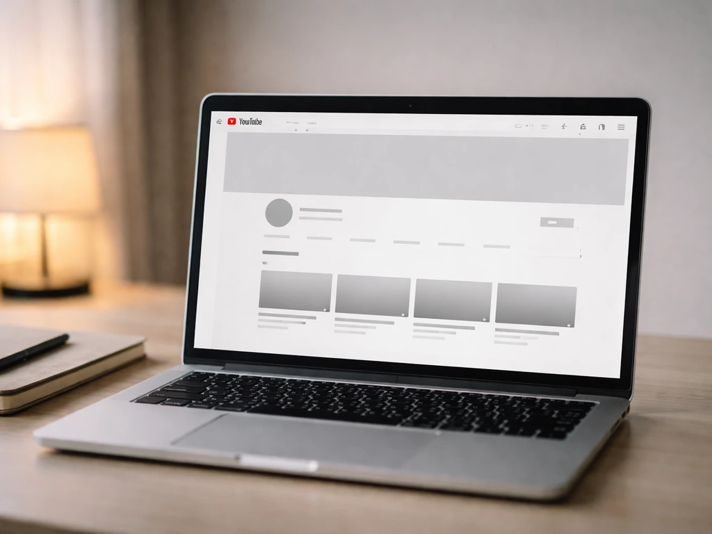 Laptop on a desk showing a blurred, screenshot-like YouTube channel page layout to clarify the entity.