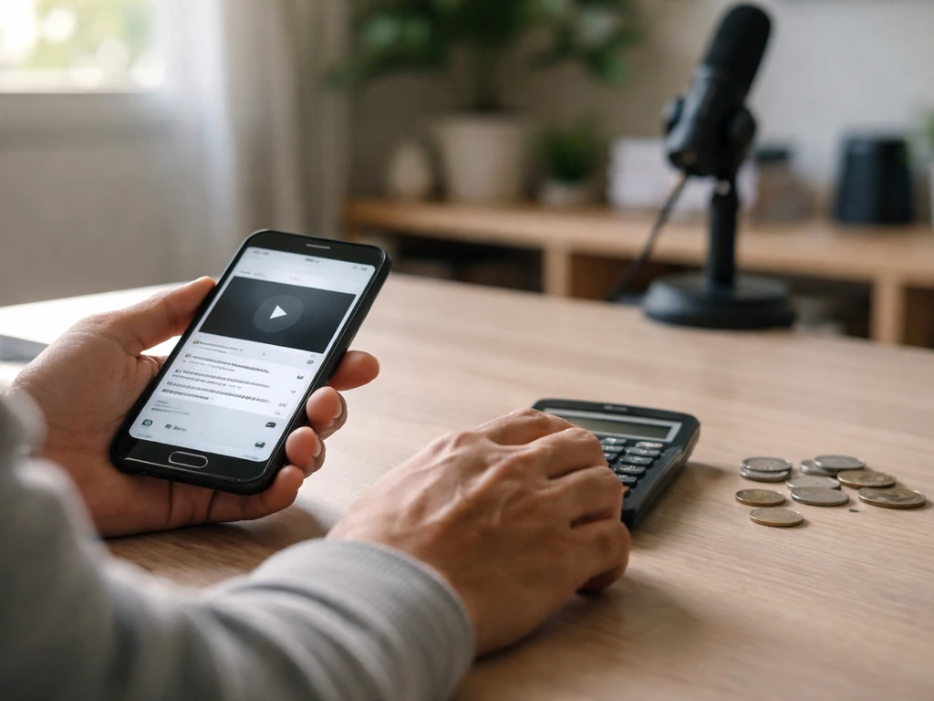 Minimal desk scene with a calculator and smartphone, suggesting income estimation from media metrics