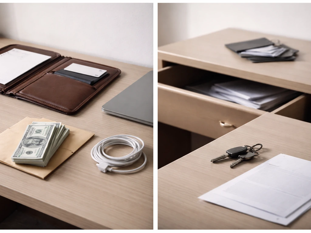 Minimal desk scene showing visible assets on one side and face-down hidden debts on the other.