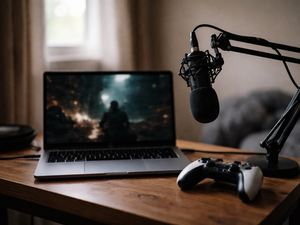 Minimal shot of a gaming desk with a microphone and controller beside a laptop, suggesting a creator’s earnings