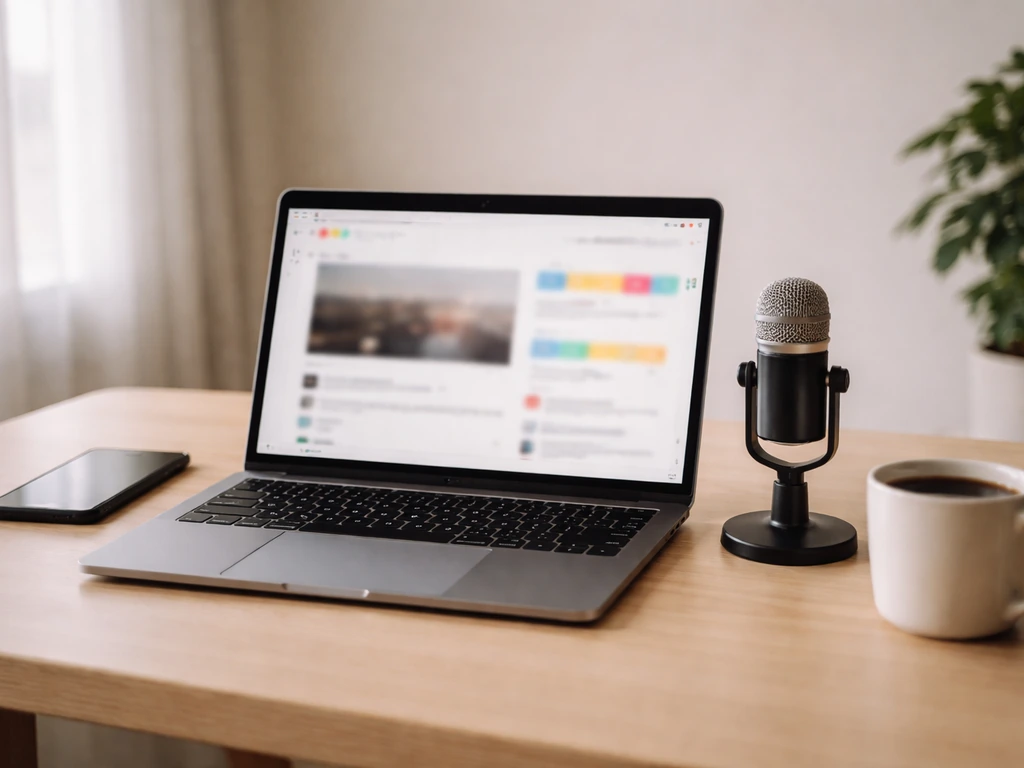 Minimal home office desk with laptop and microphone, suggesting YouTube monetization without readable text.