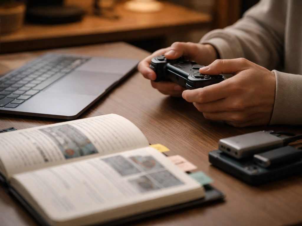 Close-up of gaming controller and notebook bookmarks beside a laptop on a simple desk.