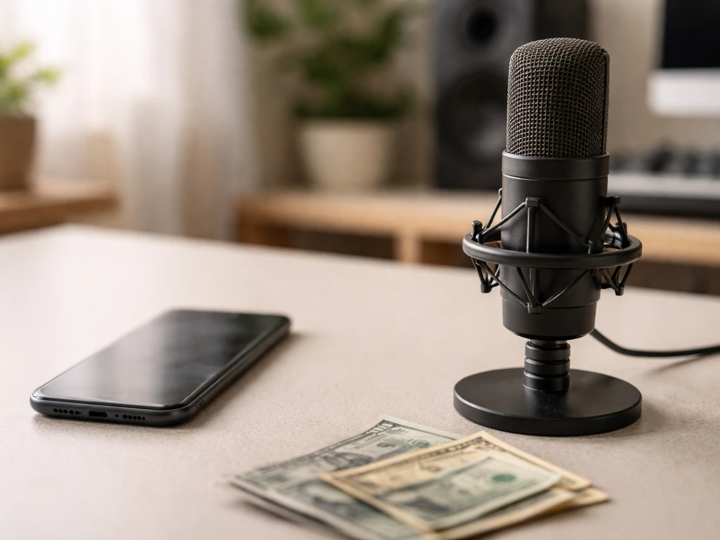 Close-up of a studio desk with microphone, scattered cash and smartphone, symbolizing verifying net worth estimates