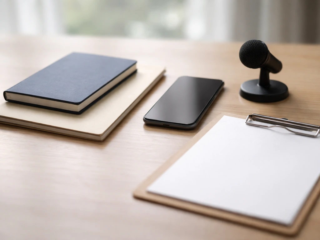 Minimal desk scene with notebook, folder, clipboard, and microphone symbolizing verified vs estimated info.