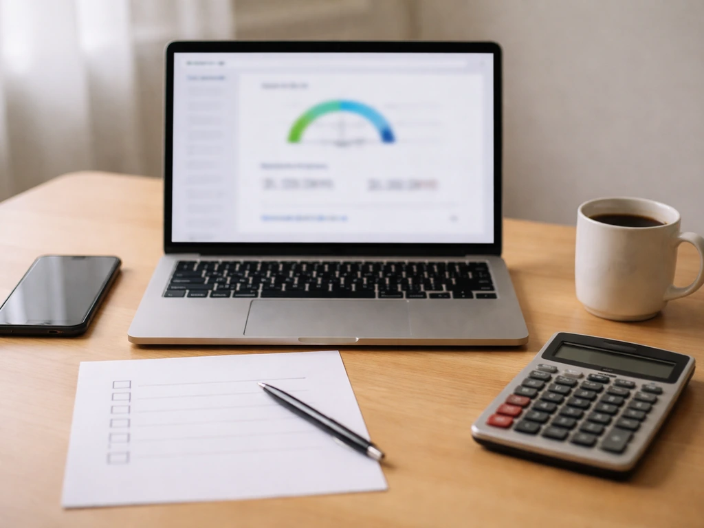 Minimal desk scene with laptop showing blurred analytics and a blank checklist for estimating earnings.