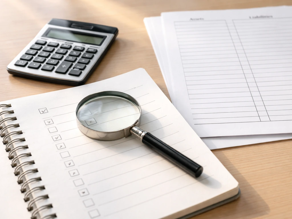 Close-up of magnifying glass over checklist next to calculator and an untitled ledger-style document for net-worth verif