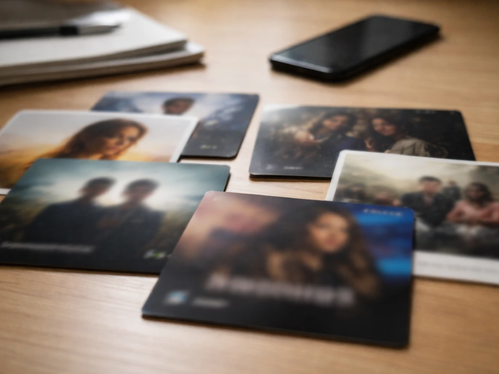 Overlapping blurred media-style cover tiles on a desk with a smartphone, symbolizing ambiguous “Rule Breaker” identity.