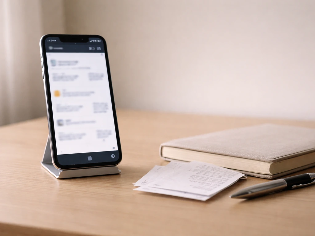 Minimal desk scene with a smartphone, scattered receipts, and a notebook suggesting public finance disclosure proxies.