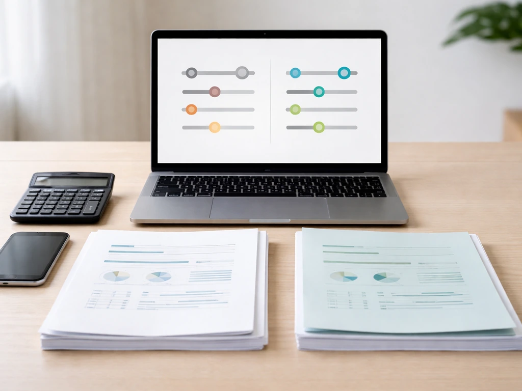 Minimal office desk with scattered business documents, calculator, and a laptop showing changing valuations via icons