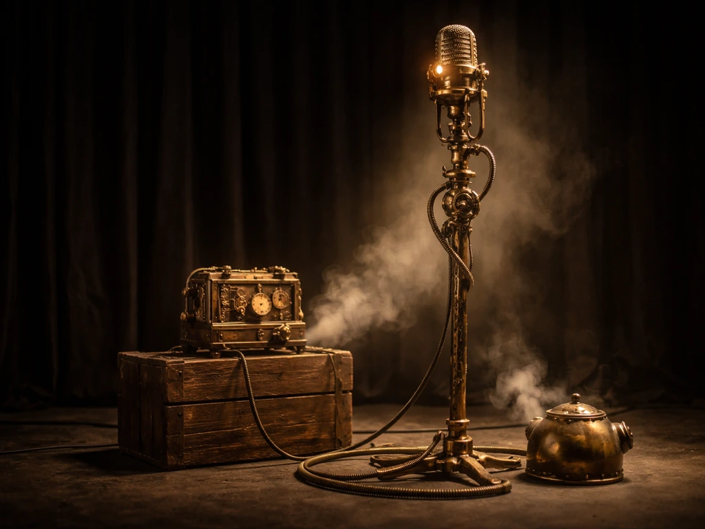 Steampunk stage prop and instruments in a dramatic spotlighted performance setting for a net worth article