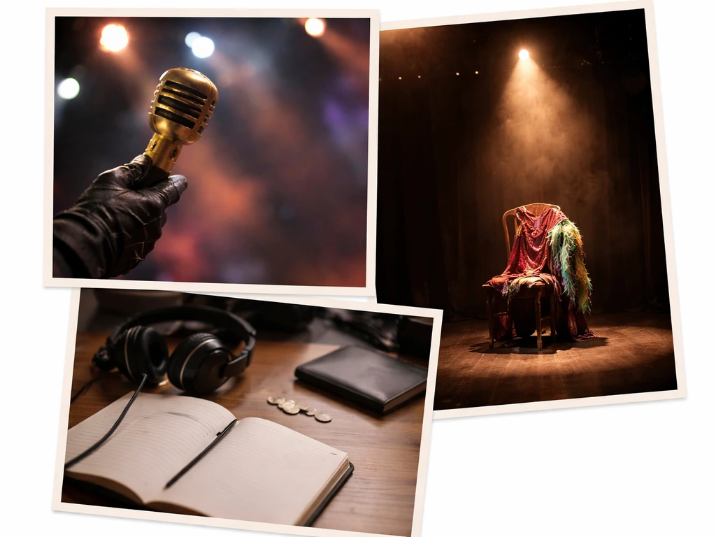 Minimal collage-style photo showing a theatrical music performance scene with stage lights and a cash-neutral vibe