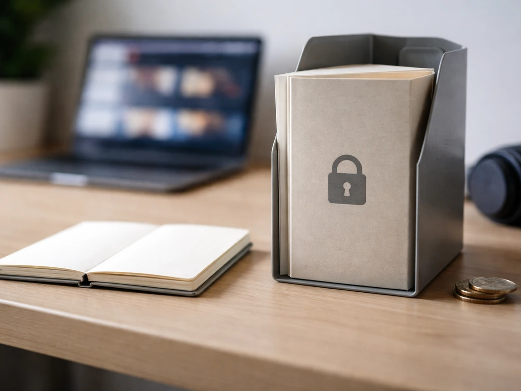 Locked file folder beside blank notes on a desk, with laptop glow suggesting public info missing private finances